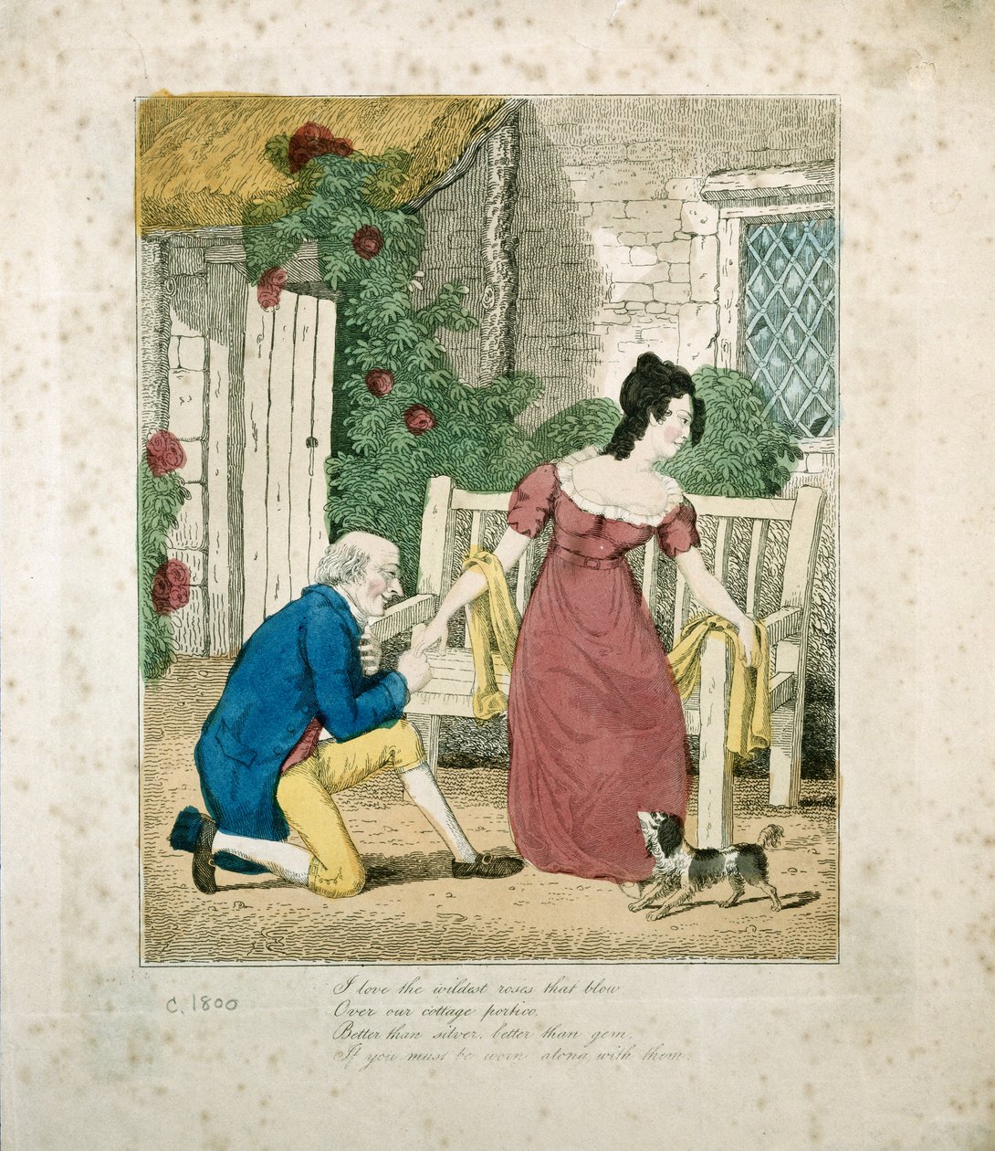 En håndfarvet litografisk scene af en frierende mand, ca. 1800 af English School