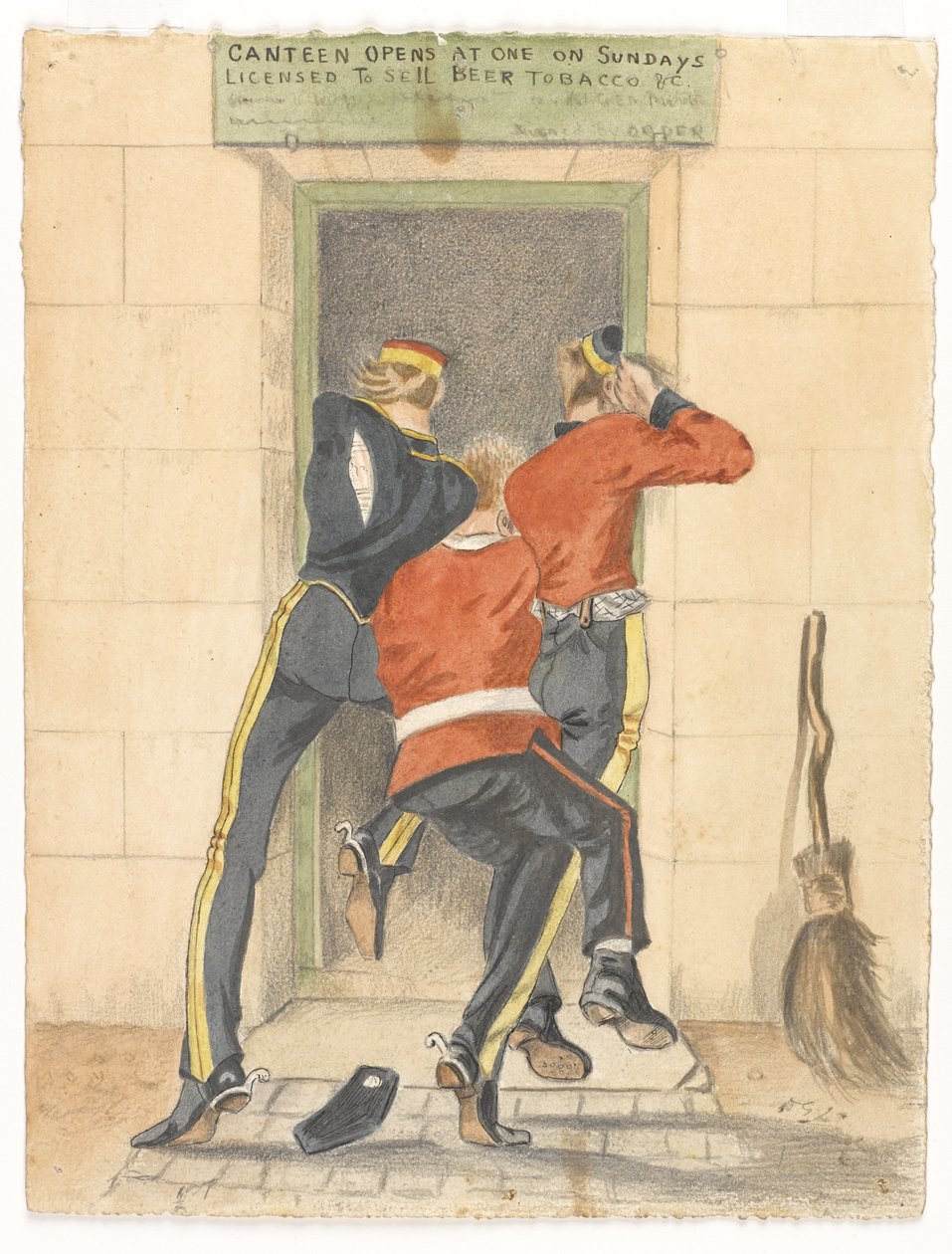 En husar, en infanterist og en dragon, alle i afklædte uniform, på vej mod indgangen til en kantine, ca. 1890 af English School