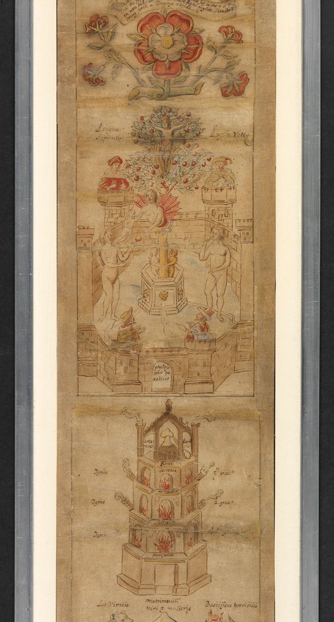 En stor rød og hvid rose, med fire andre mindre roser i profil.- de øverste grene af et æbletræ, hvorfra der er ophængt en Kristus-lignende figur (mærker på hver side, 