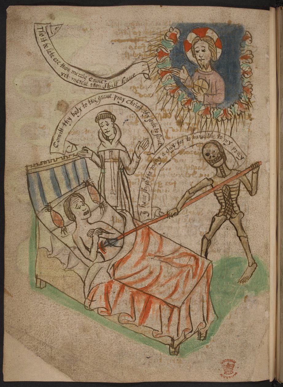 En mand på sit dødsleje, fra A Carthusian miscellany af digte, kronikker og afhandlinger på nordengelsk, inklusive et indbegreb eller et resumé af Mandevilles rejser, Tilføj MS 37049 f.38v af English School