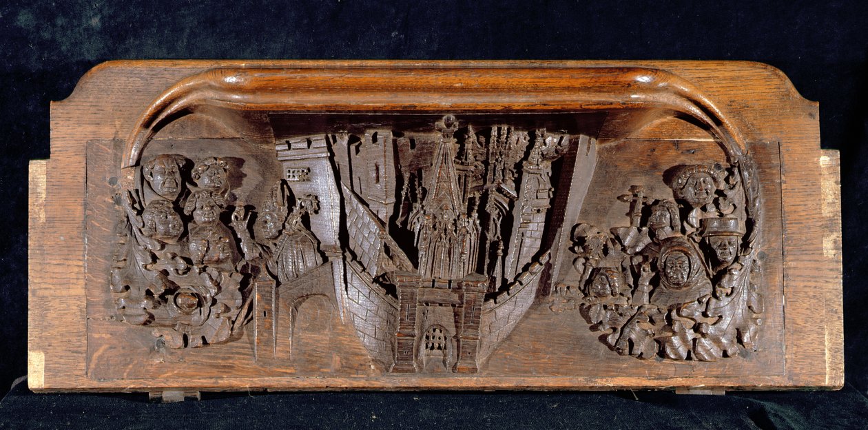 En misericord, der skildrer en befæstet by med en port med en hævet portcullis, New College Chapel, Oxford, slutningen af det 14. århundrede (træ) af English School