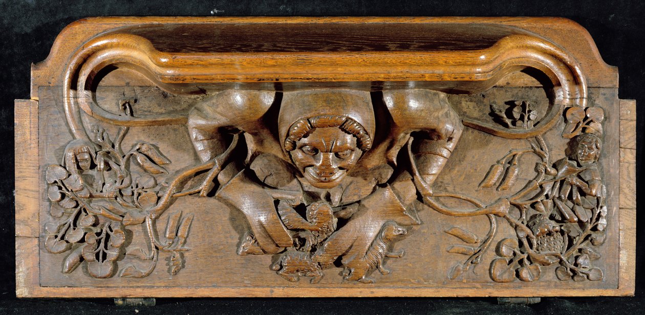 En misericord, der forestiller en trold med enorme skuldre, New College Chapel, Oxford, slutningen af det 14. århundrede (træ) af English School