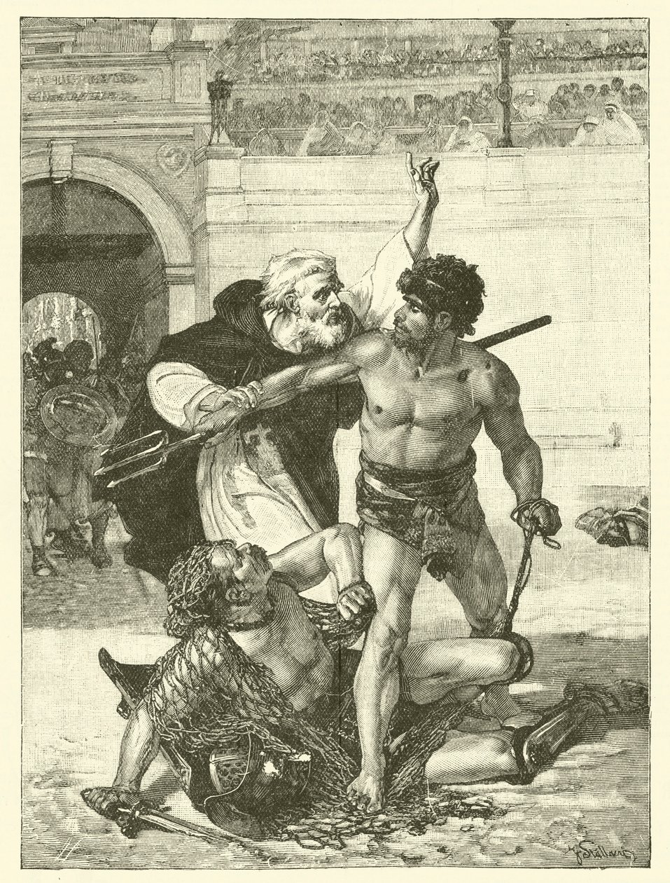 En munk, Telemachos, forsøger at stoppe gladiatorspillene i Colosseum, Rom (kobberstik) af English School