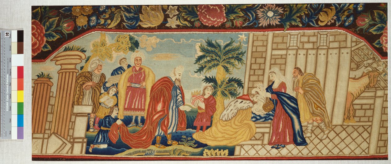 Et håndarbejdet sofasæde fint bearbejdet i en teltsøm, der forestiller magiernes tilbedelse, ca. 1730 af English School