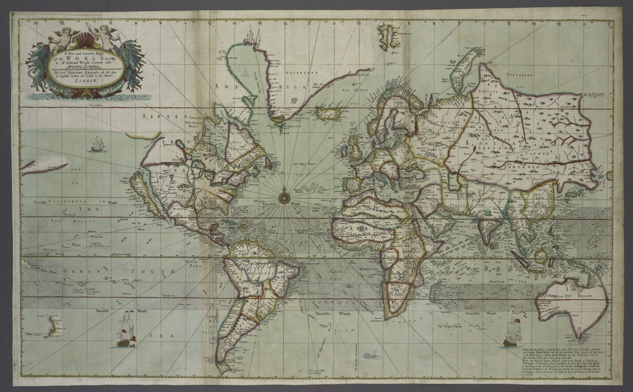Et nyt og korrekt kort over verden fra et atlas over havet, 1707 (håndfarvet print) af English School