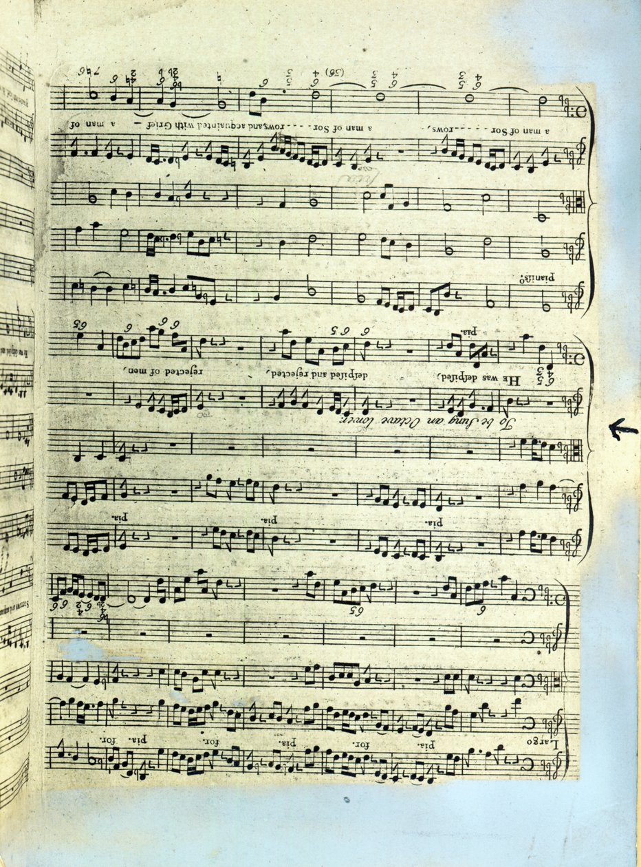 En side fra en af de eneste to eksemplarer, der vides at eksistere af den første trykning af Händels Messias i London (trykt papir) af English School