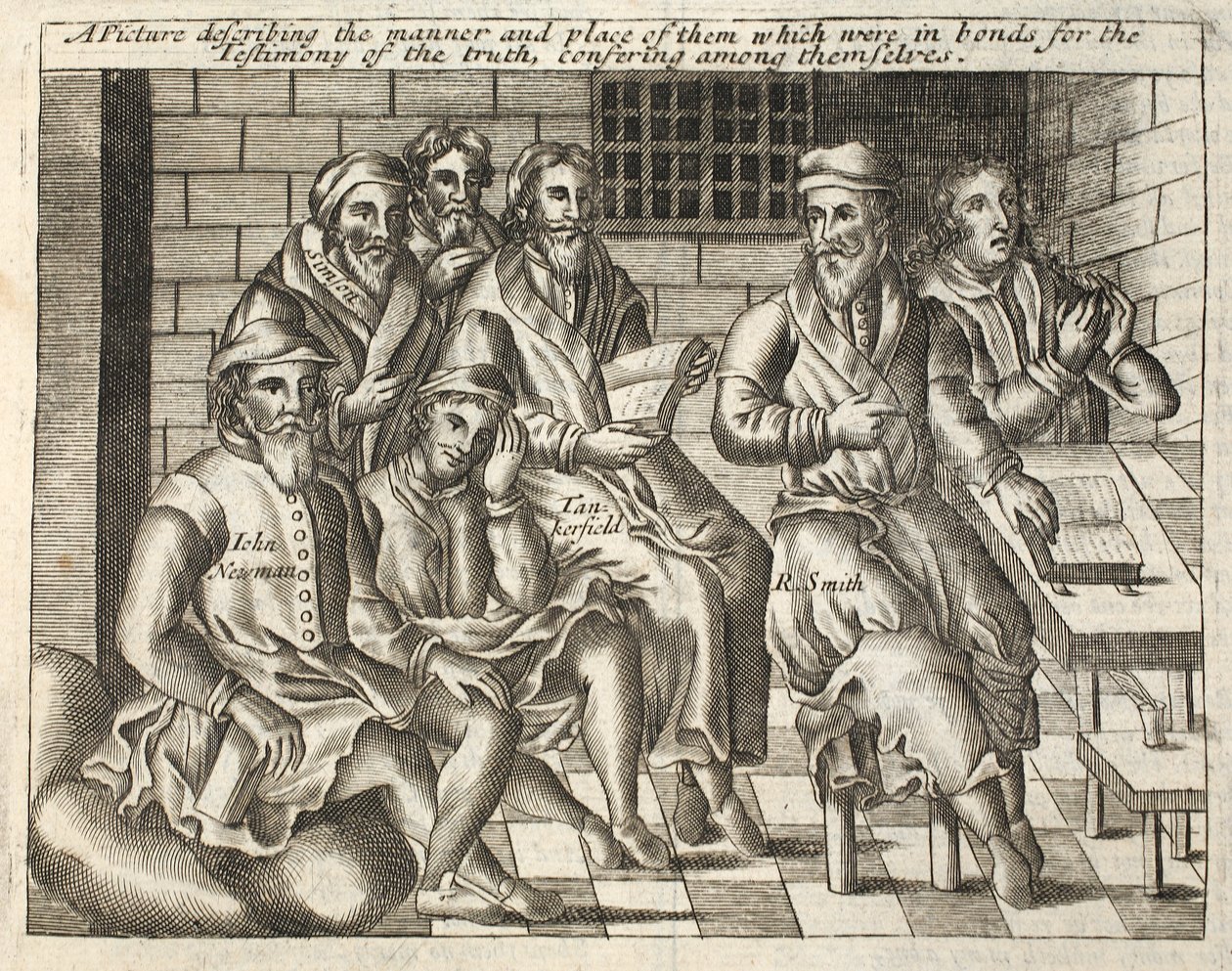 Et billede, der beskriver måden og stedet for dem, som var i bånd til vidnesbyrdet om sandheden, konfererende indbyrdes, illustration fra Acts and Monuments af John Foxe, niende udgave, pub. af English School