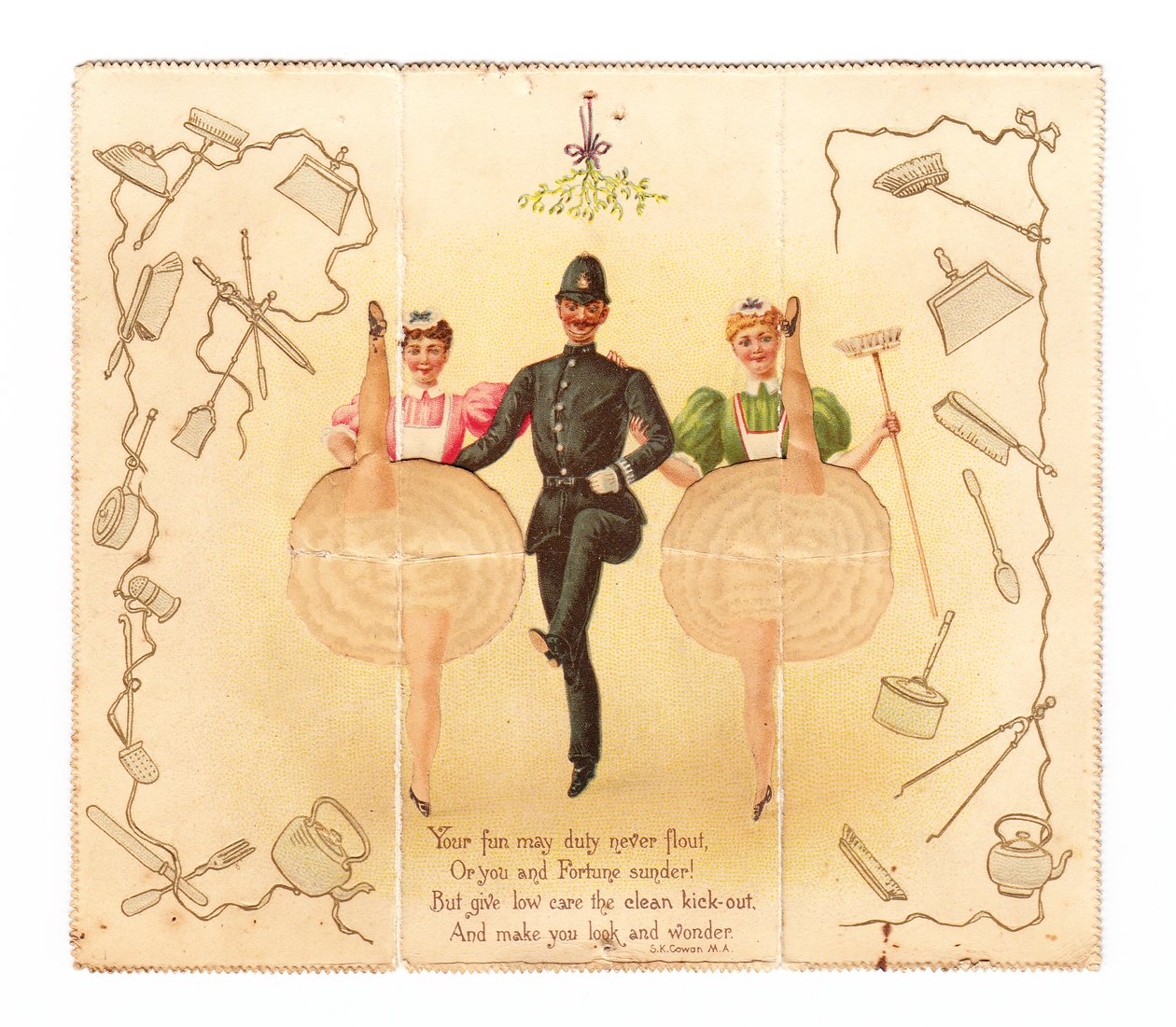 Et pop up-kort af en politimand og to kvinder, der laver et højt spark, ca. 1920 (farvelitografi) af English School