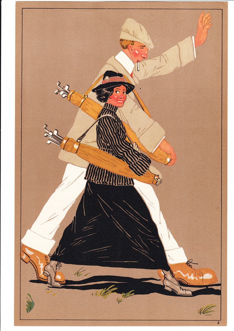 Et print af to golfspillere i komiske og humoristiske stillinger, ca. 1920 af English School