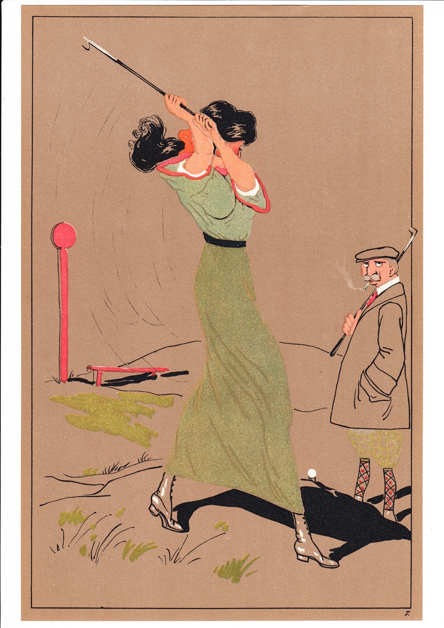 Et print af to golfspillere i komiske og humoristiske stillinger, ca. 1920 af English School