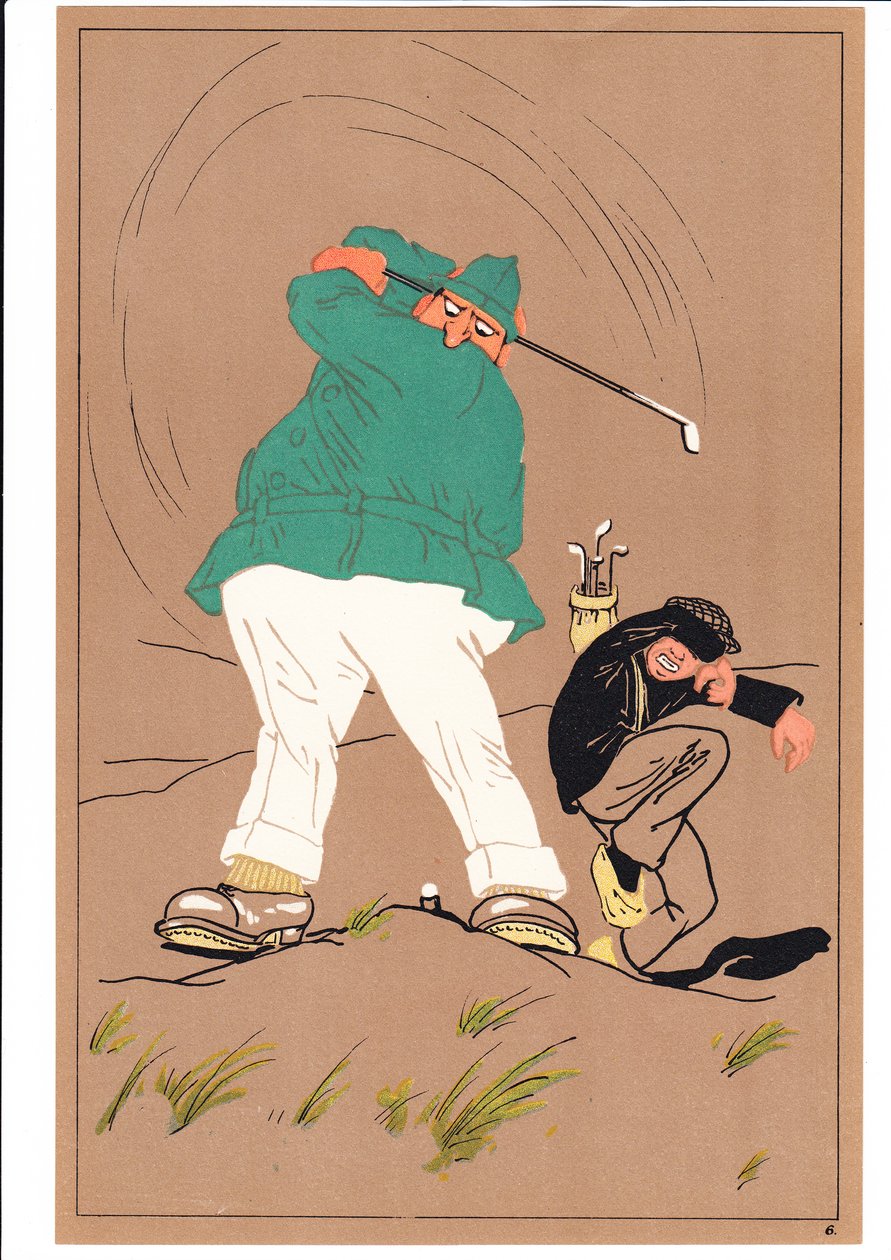 Et print af to golfspillere i komiske og humoristiske stillinger, ca. 1920 af English School