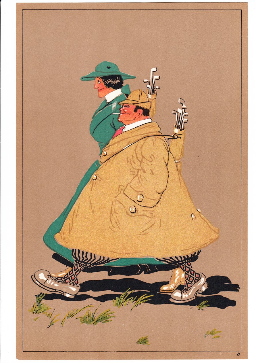Et print af to golfspillere i komiske og humoristiske stillinger, ca. 1920 af English School
