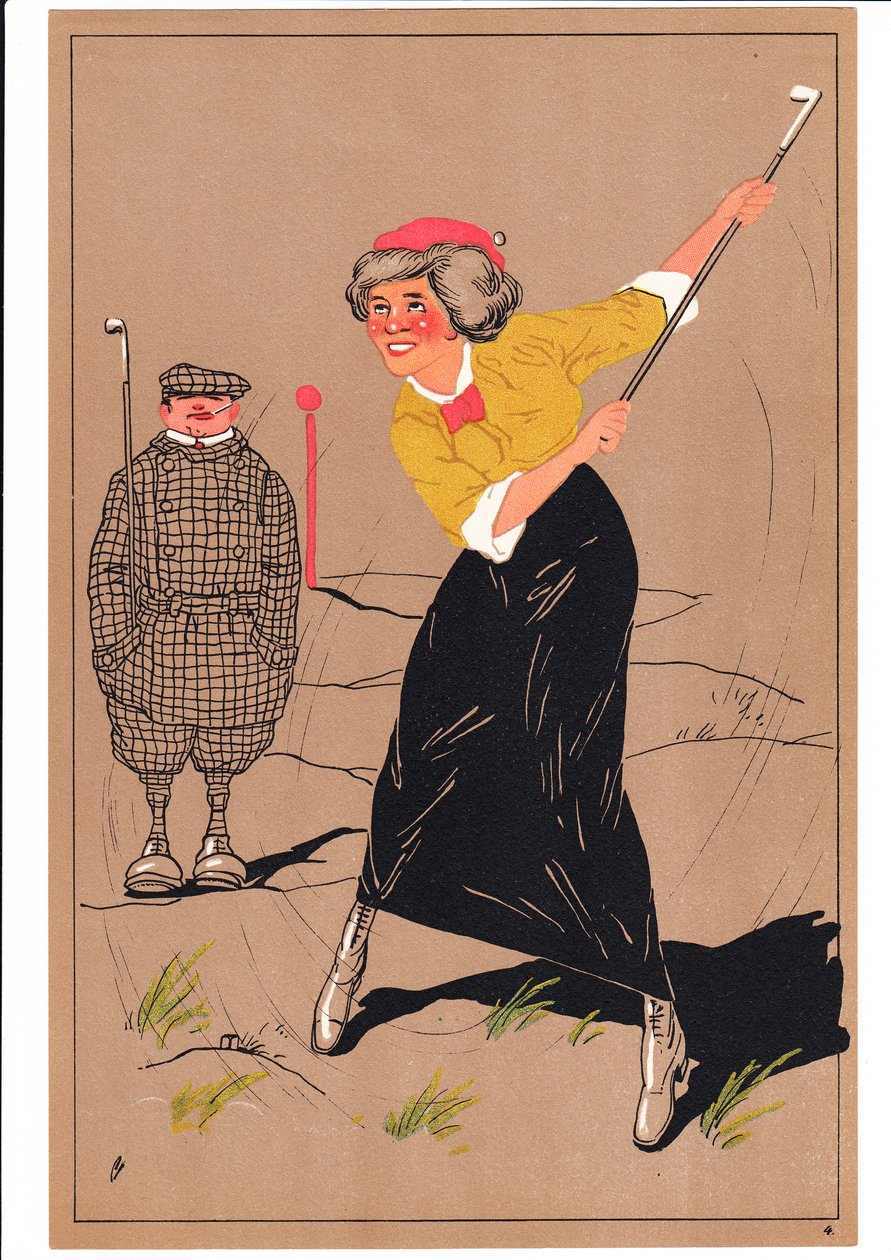 Et print af to golfspillere i komiske og humoristiske stillinger, ca. 1920 af English School