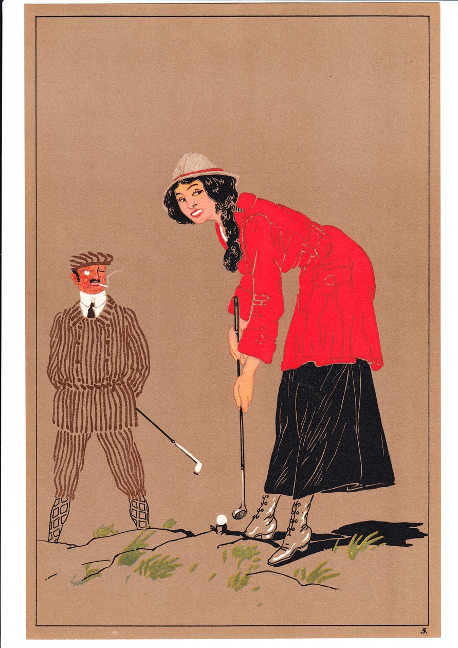 Et print af to golfspillere i komiske og humoristiske stillinger, ca. 1920 af English School