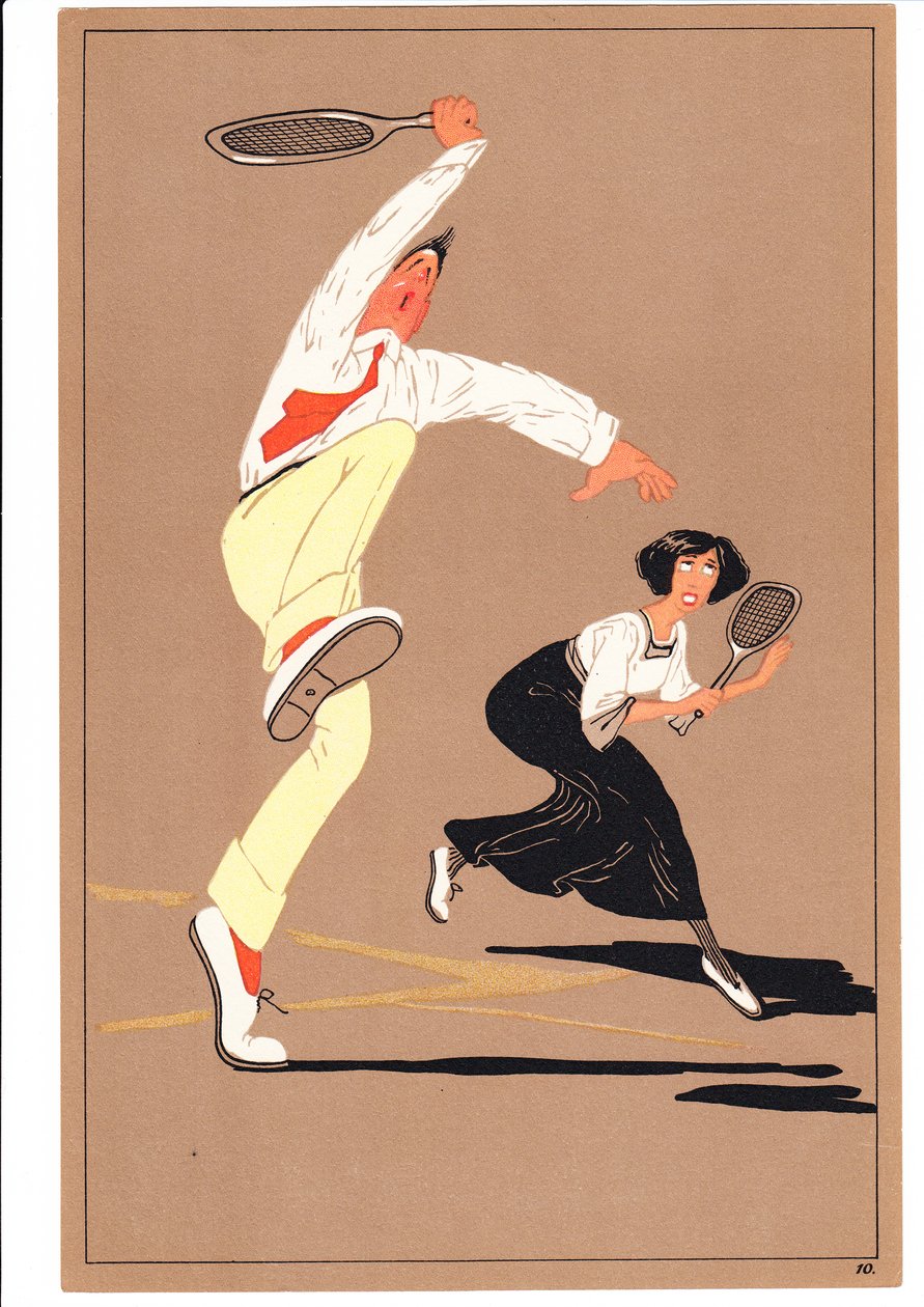 Et print af to tennisspillere i komiske og humoristiske stillinger, ca. 1920 af English School