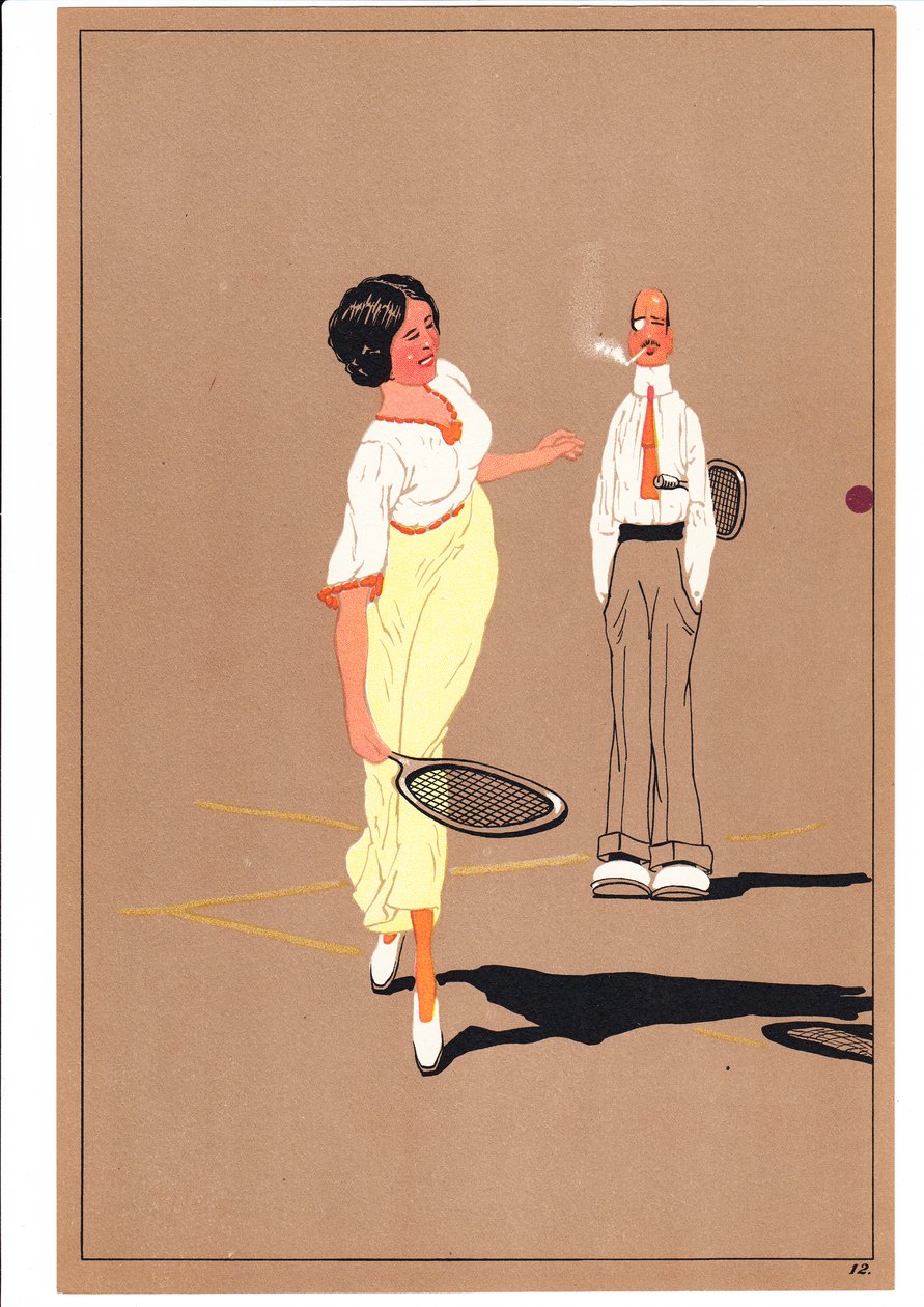 Et print af to tennisspillere i komiske og humoristiske stillinger, ca. 1920 af English School