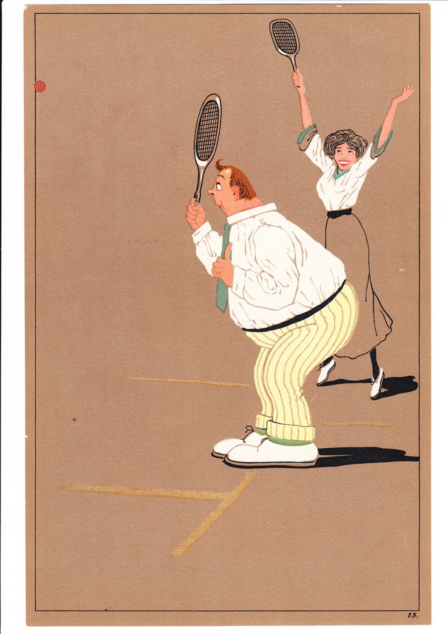 Et print af to tennisspillere i komiske og humoristiske stillinger, ca. 1920 af English School