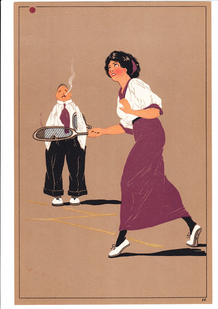 Et print af to tennisspillere i komiske og humoristiske stillinger, ca. 1920 af English School