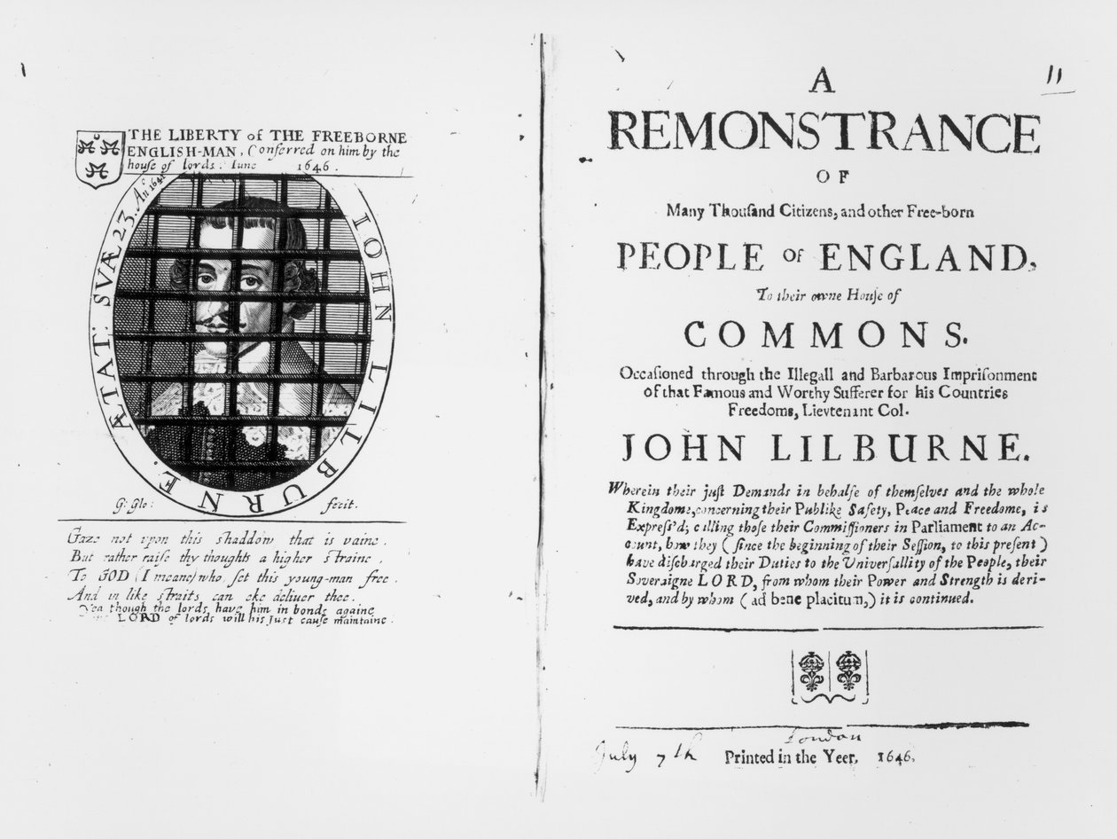 En protest fra Levellers til Underhuset vedrørende fængslingen af deres leder John Lilburne (ca. 1614-57) offentliggjort 1646 af English School