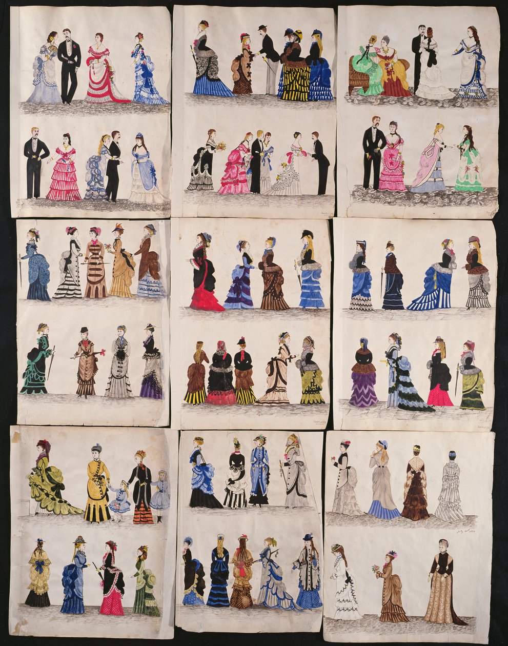 Et udvalg af victoriansk mode, herunder balsal og gåkjoler, ca. 1876 (wc på papir) af English School