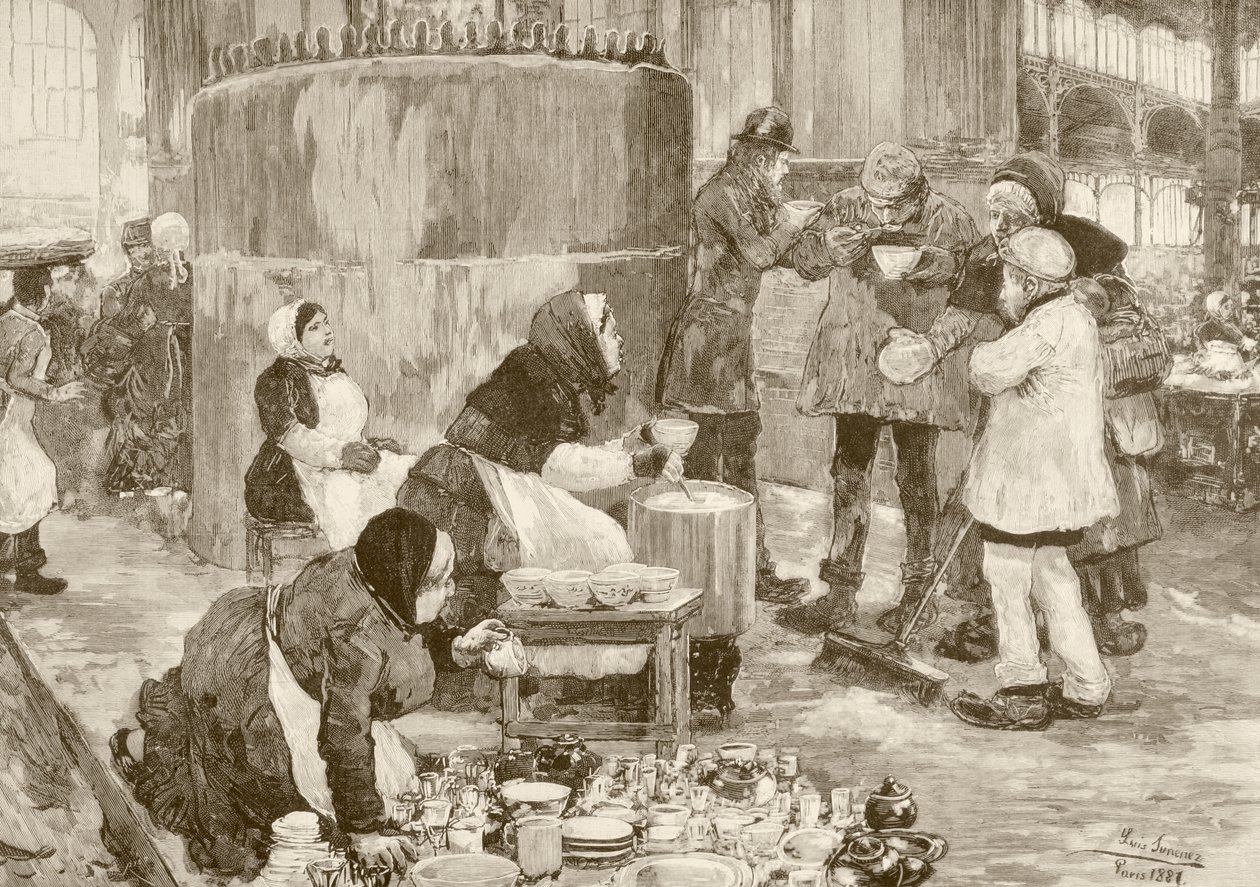 Et suppekøkken i Paris i 1800-tallet (litho) af English School