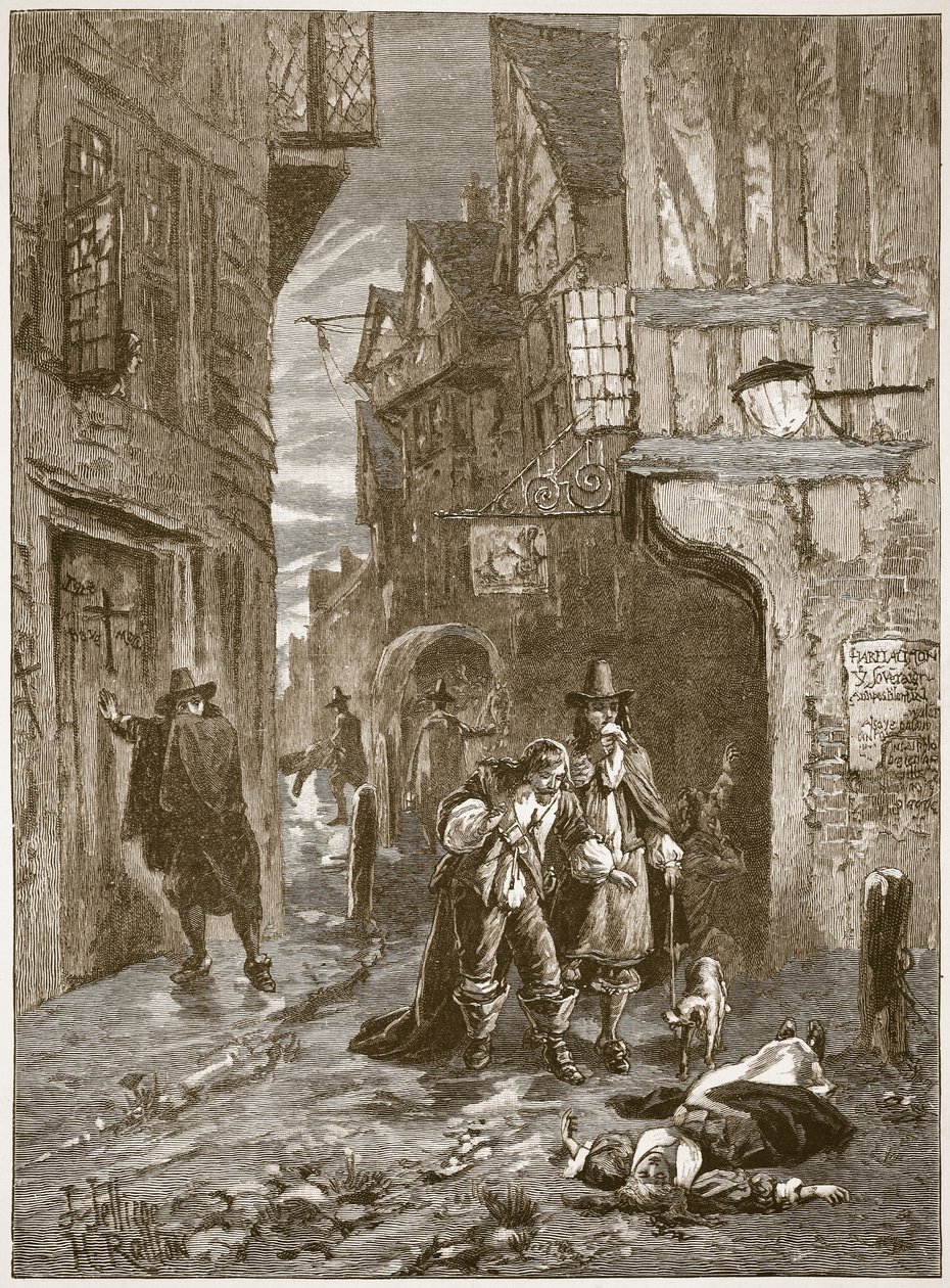 En gade i London under den store pest, illustration fra Cassells Illustrated History of England (sepiafoto) af English School