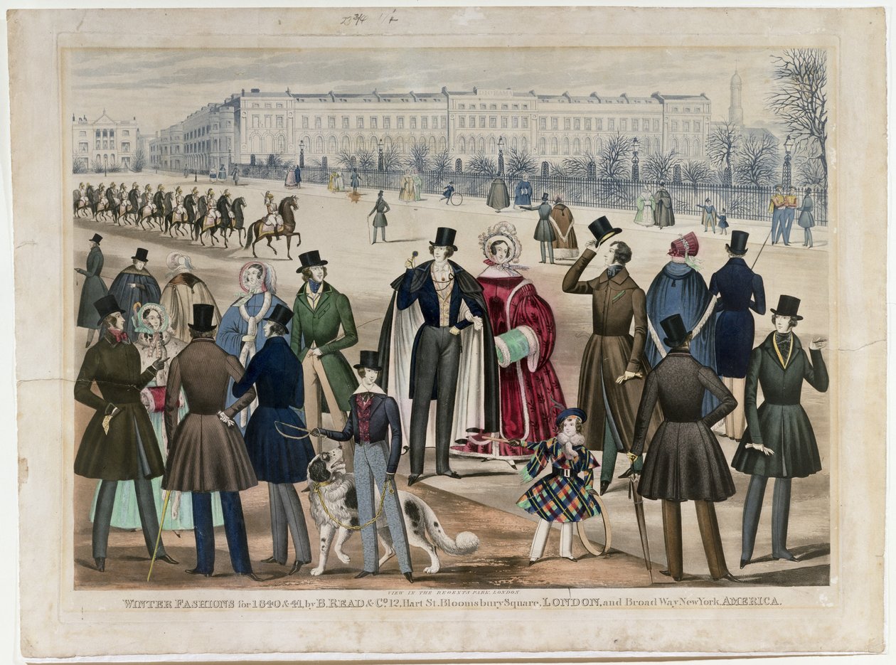 En udsigt i Regents Park, London, der viser vintermode i 1840 og 1841, udgivet af B.Read & Co, 1840 (akvatint på papir) af English School