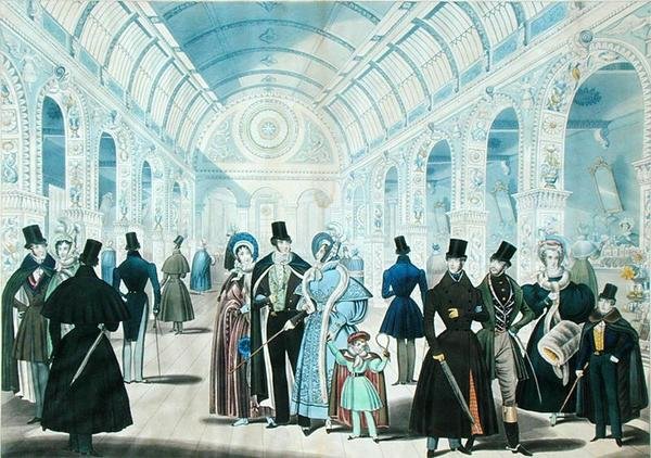 En udsigt i Pantheon, Oxford Street, London, der viser vintermode fra november 1834 til april 1835, udgivet af B.Read & Co. af English School