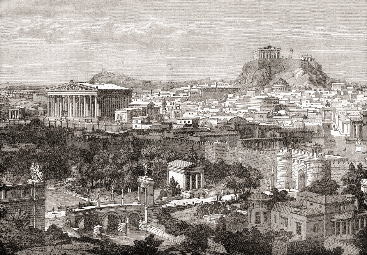 En udsigt over det gamle Athen, Grækenland. Fra The Review of Reviews, udgivet 1891 af English School