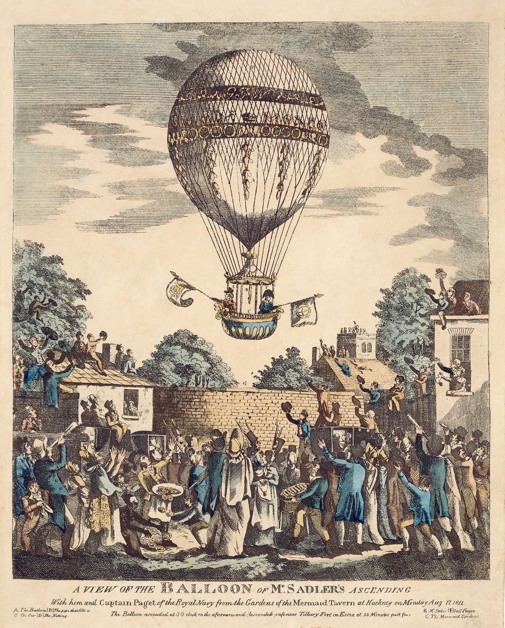 Et billede af mr. Sadlers ballon, der stiger op med ham og kaptajn Paget fra Royal Navy fra haven ved Mermaid Tavern i Hackney mandag den 12. august. af English School