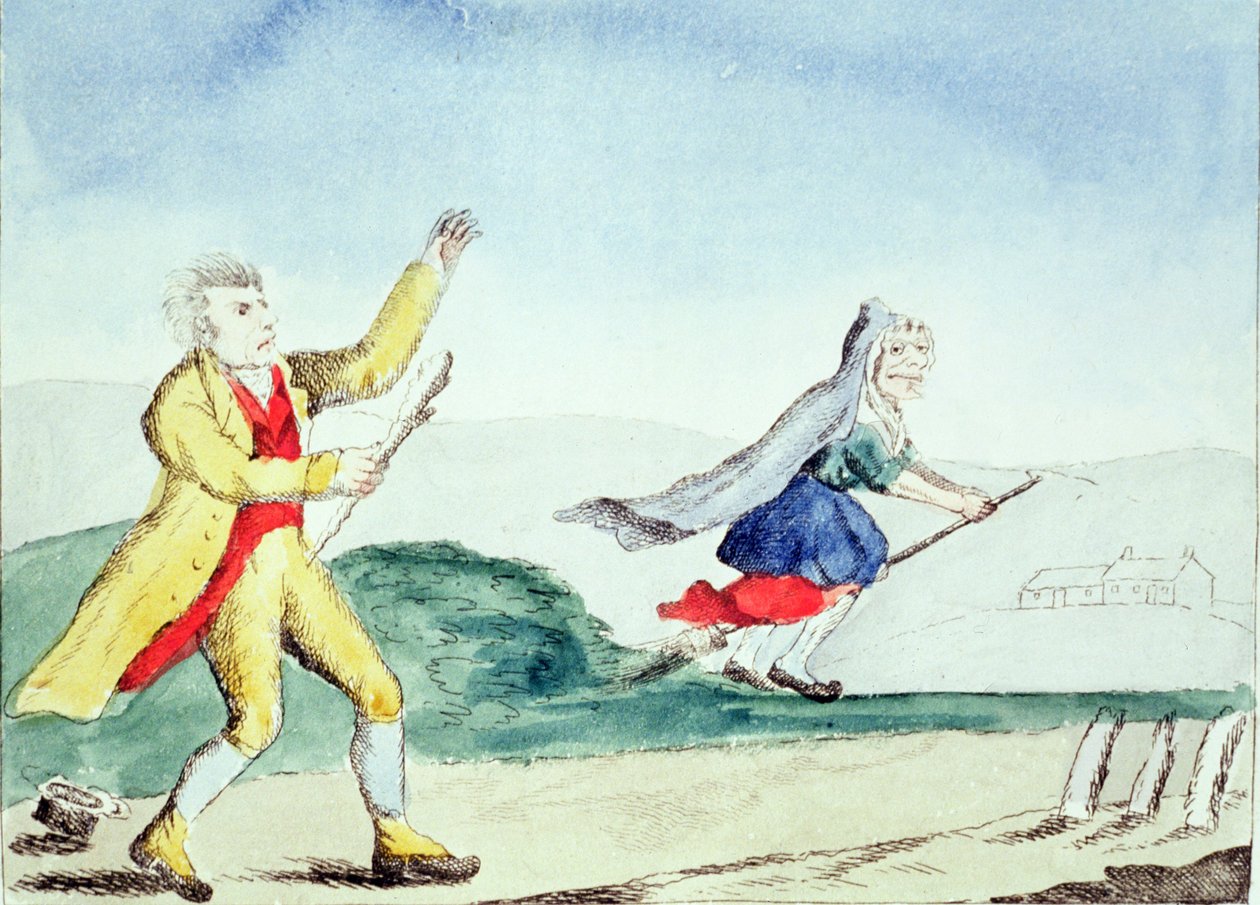 En heks skræmmer en mand med en knus, ca. 1790