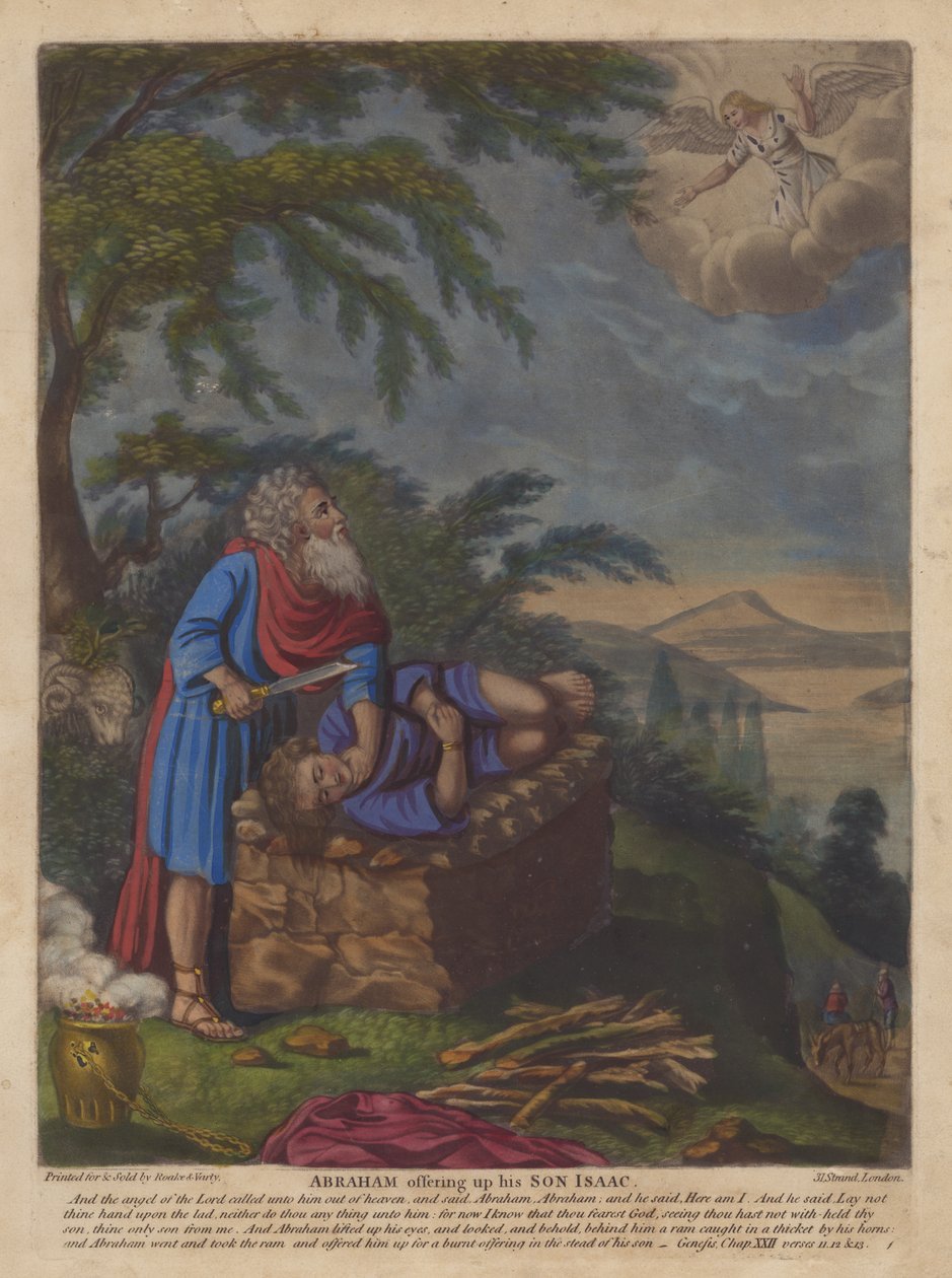 Abraham ofrer sin søn Isak (farvelitografi) af English School