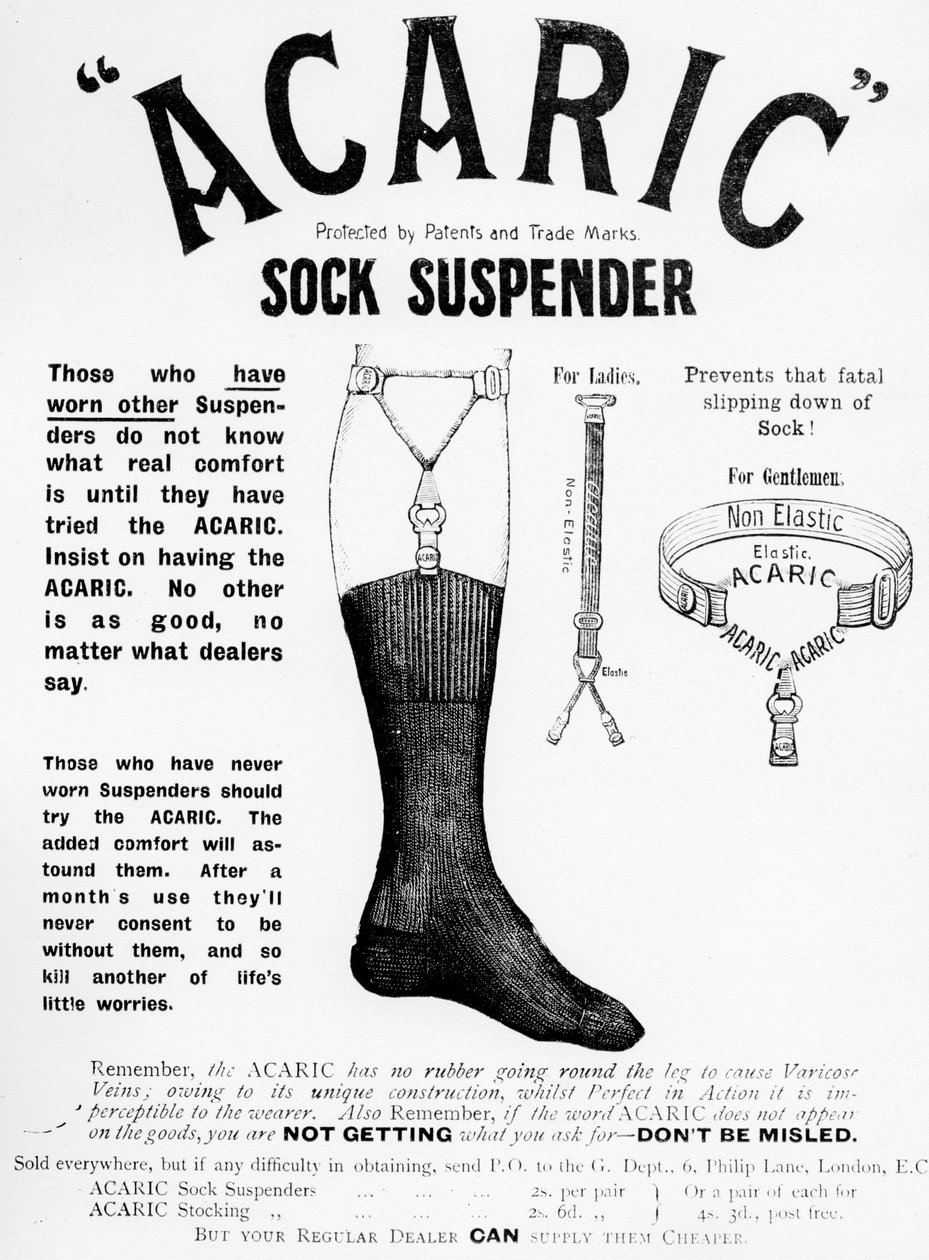 Acaric Sock Suspender-annonce, 1898 af English School