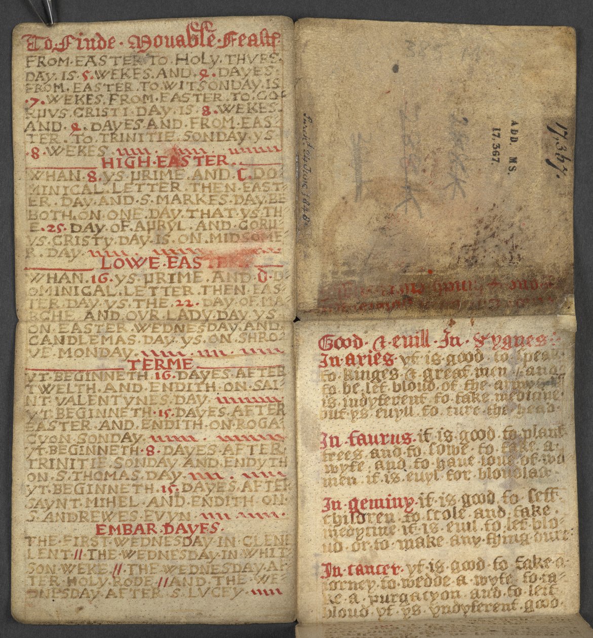 Tilføje. 17367, f.1r fra Almanak, indeholdende tabel med dominiske bogstaver og gyldne tal; anvisninger for at finde de bevægelige fester; helgenkalender, epoker, liste over engelske suveræner, vejrudsigter, indflydelse af stjernetegnene (vellu af English School