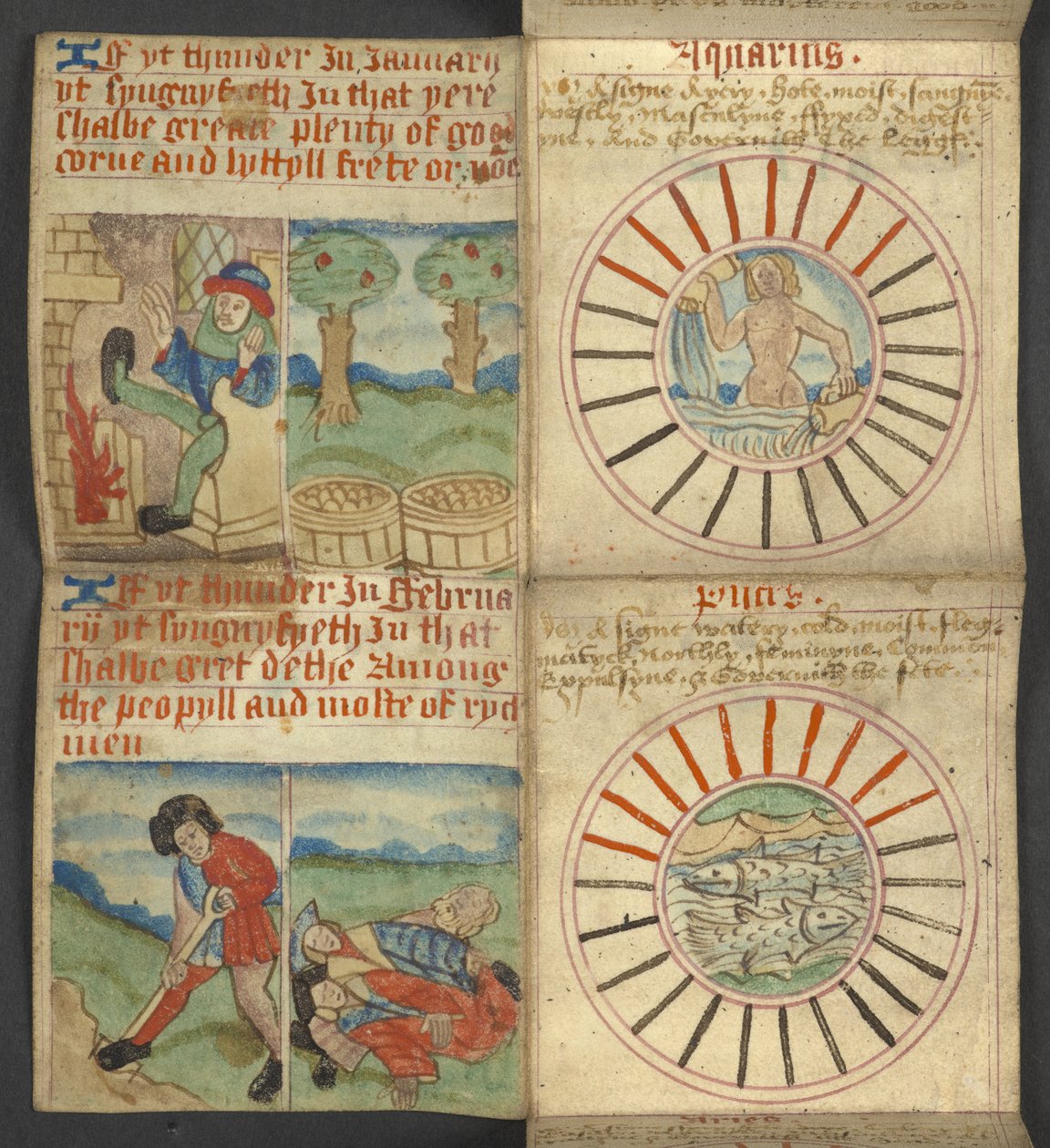 Tilføje. 17367, f.3r Vandmanden & Fiskene, fra Almanak, indeholdende tabel med dominiske bogstaver og gyldne tal; anvisninger for at finde de bevægelige fester; helgenkalender, epoker, liste over engelske suveræner, vejrudsigter, indflydelse af tegn o af English School