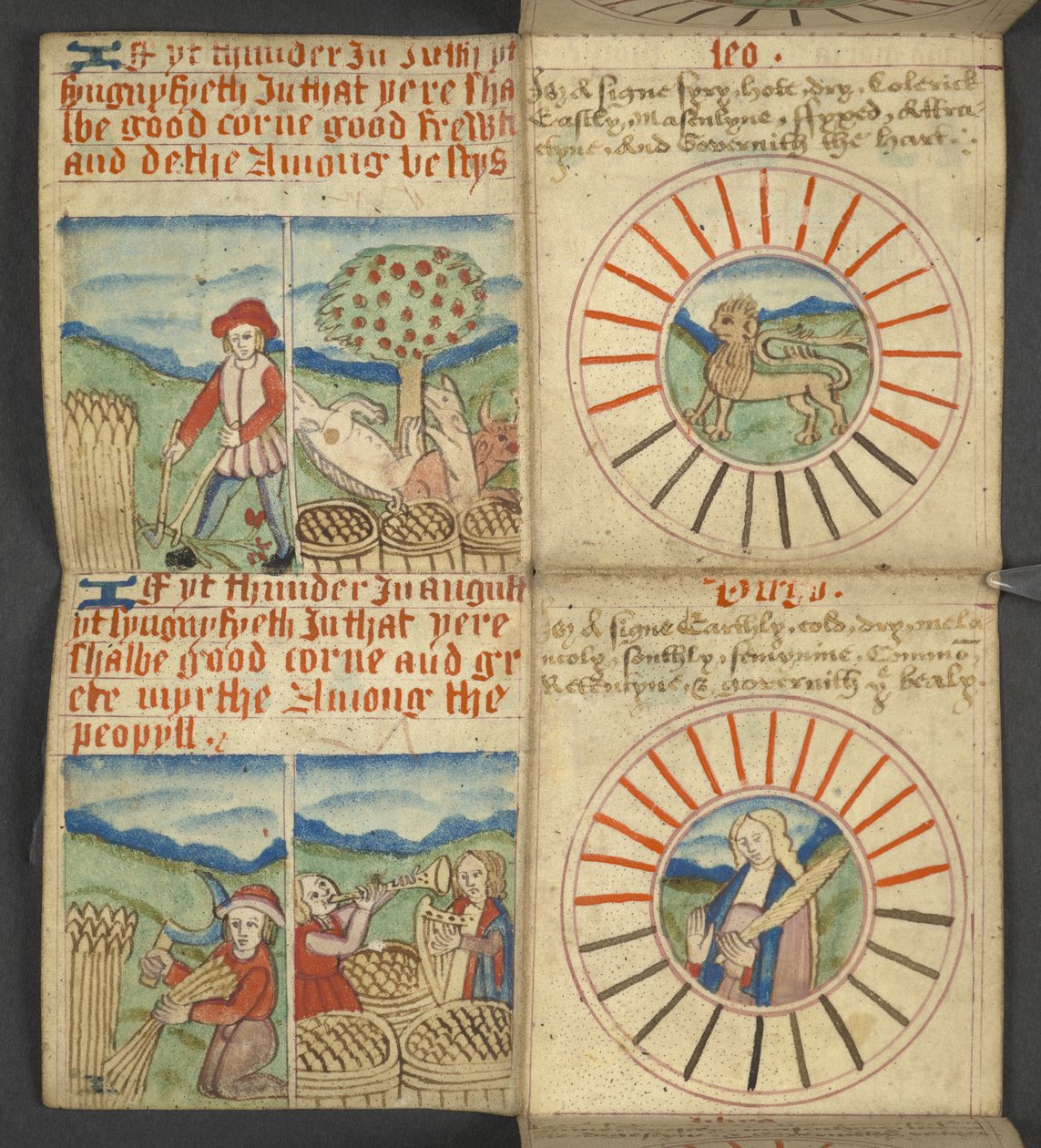 Tilføje. 17367, f.6r Løven & Jomfruen, fra Almanak, indeholdende tabel med dominiske bogstaver og gyldne tal; anvisninger for at finde de bevægelige fester; helgenkalender, epoker, liste over engelske suveræner, vejrprognoser, indflydelse af tegnene på af English School