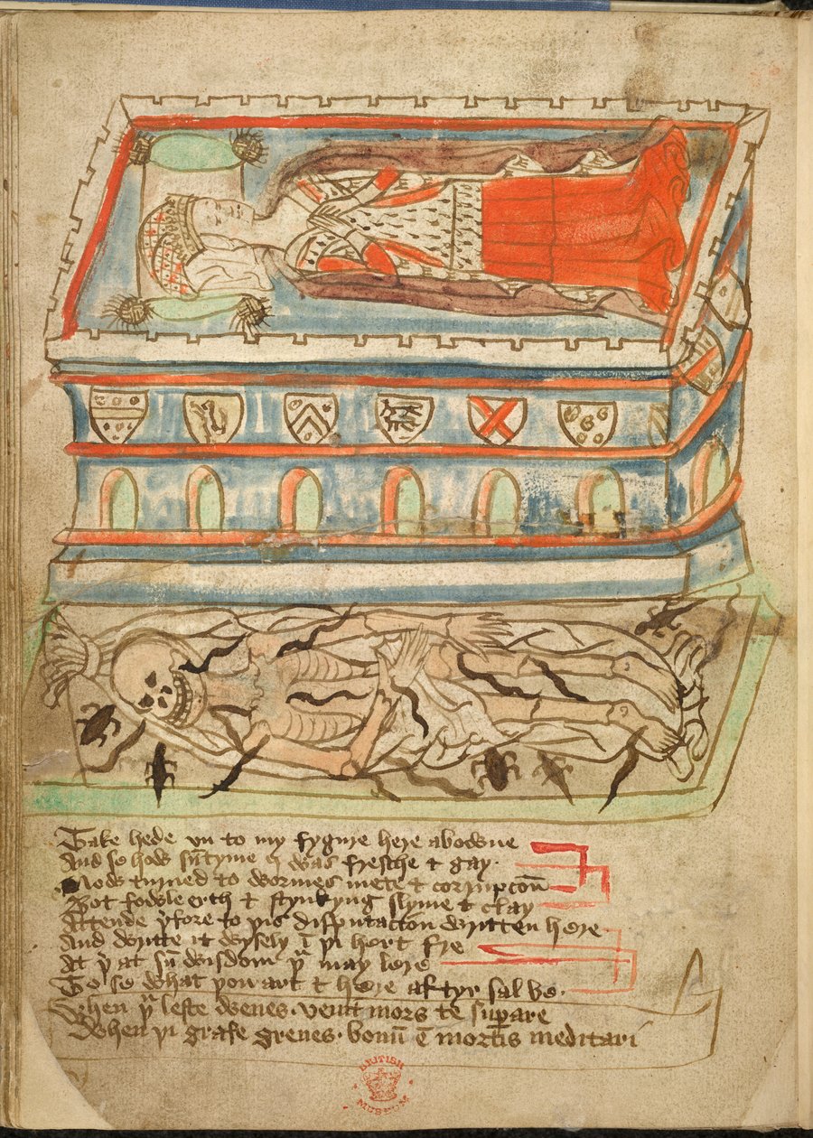 Tilføje. 37049, f.32v, Et kvindelig ligger i en kiste, et skelet kan ses nedenfor, fra 