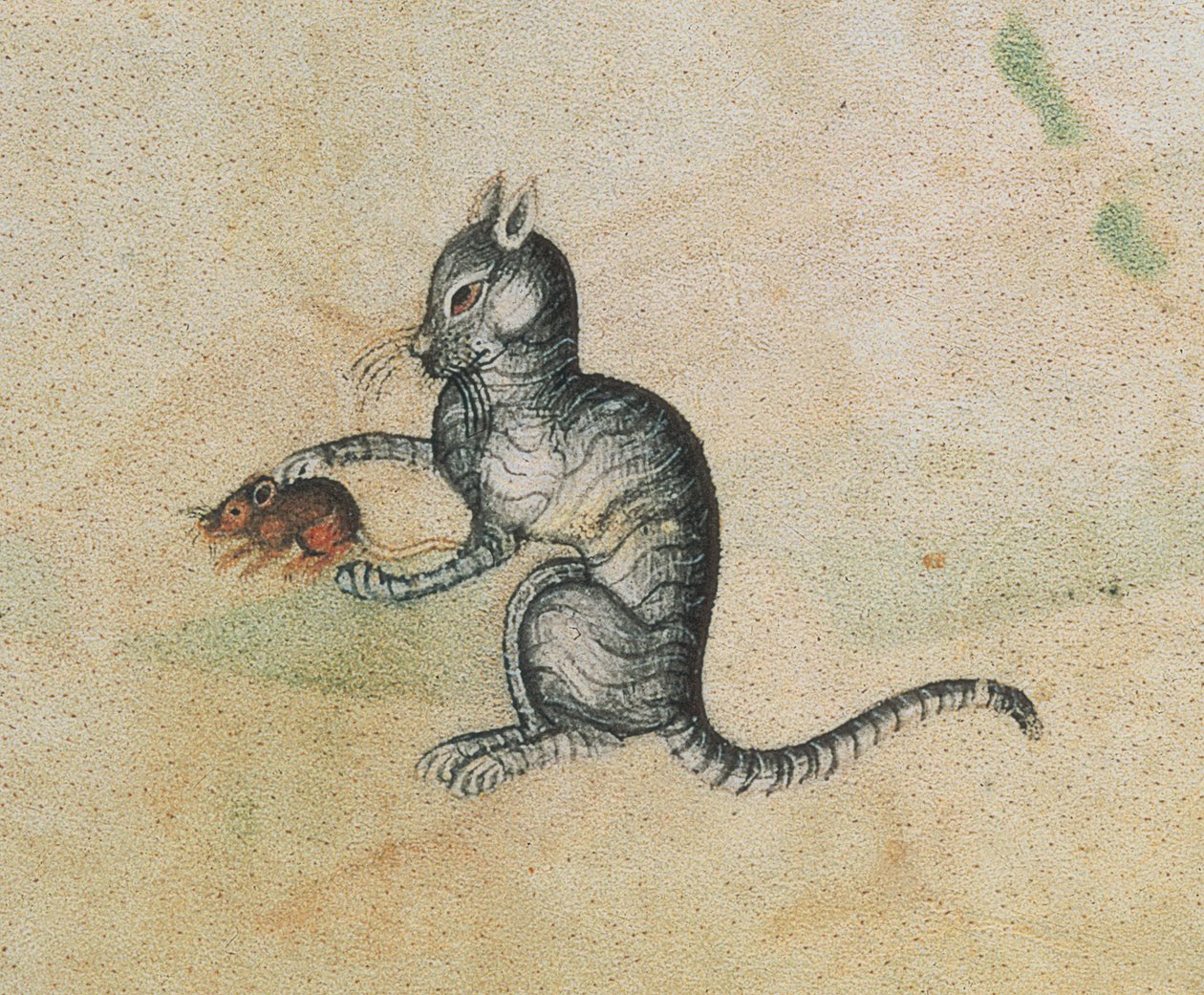 Tilføj 42130 f.190 En huskat, der leger med en mus, fra Luttrell Psalter, påbegyndt før 1340 for Sir Geoffrey Luttrell (1276-1345) (detalje af 55684) af English School