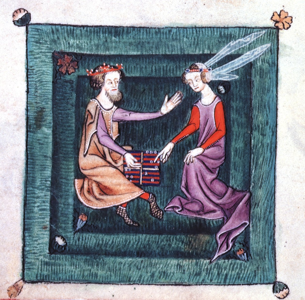 Tilføj 42130 fol.76v En konge og dame, der sidder i en have og spiller et brætspil, der ligner backgammon, fra Luttrell Psalter, der blev påbegyndt før 1340 for Sir Geoffrey Luttrell (vellum) af English School