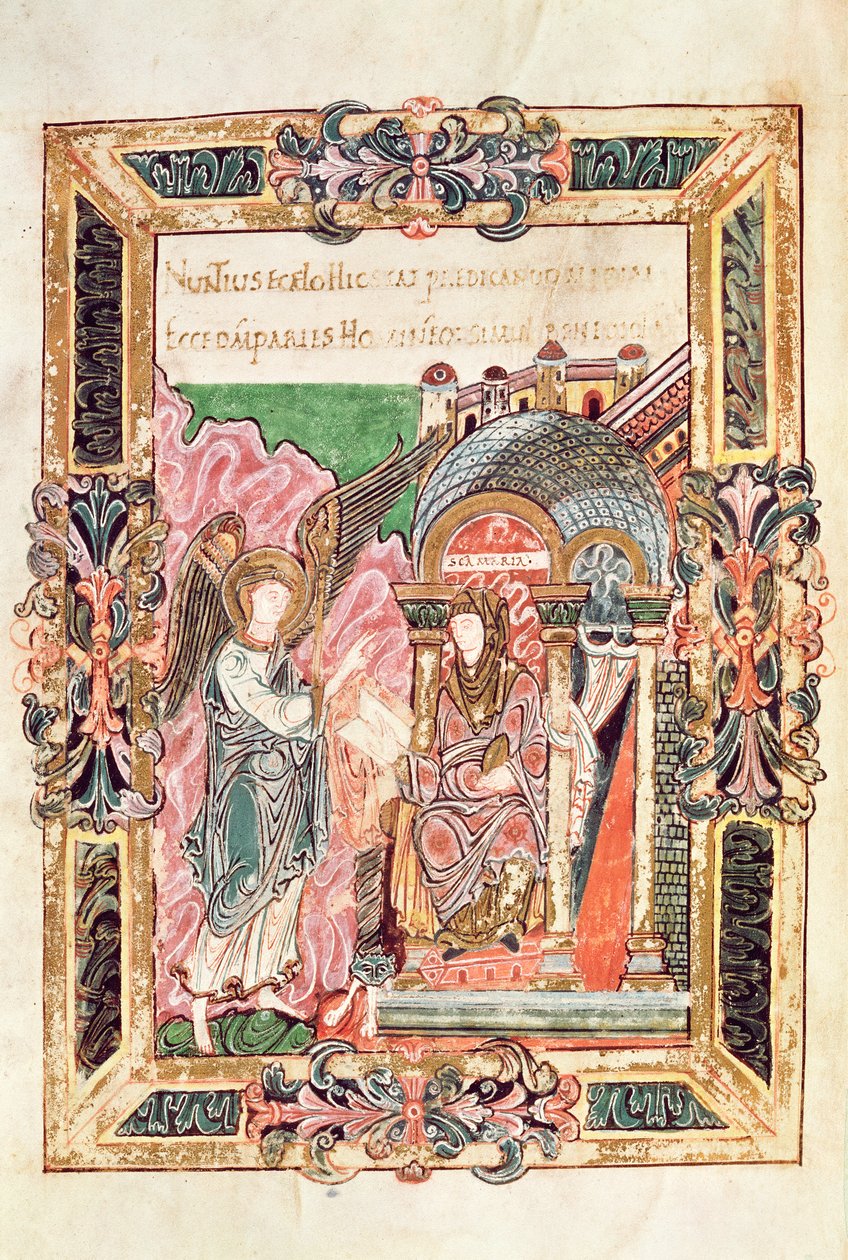 Tilføj 49598 Annunciation, fra Benedictional of St. Aethelwold, Winchester, ca. 980 (vellum) af English School