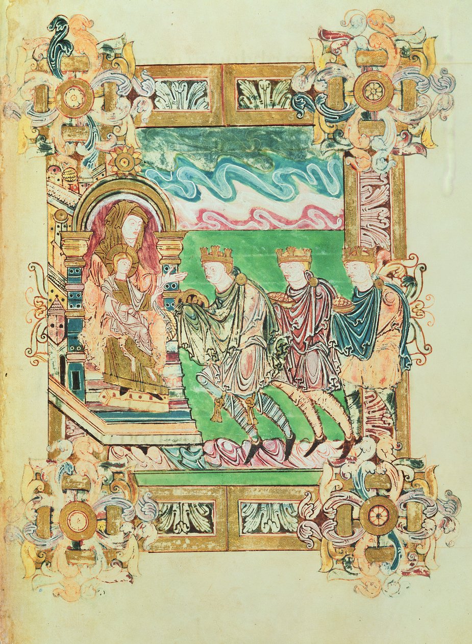 Tilføj 49598 f.24b Adoration of the Magi, fra Benedictional of St. Aethelwold, Winchester, c.980 (vellum) af English School