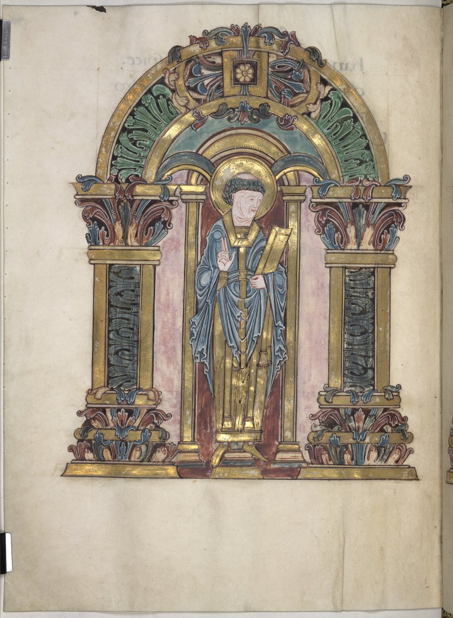 Tilføje. 49598, f.97v, St Swithun, Benedictional of St Aethelwold, 971-984 (vellum) af English School