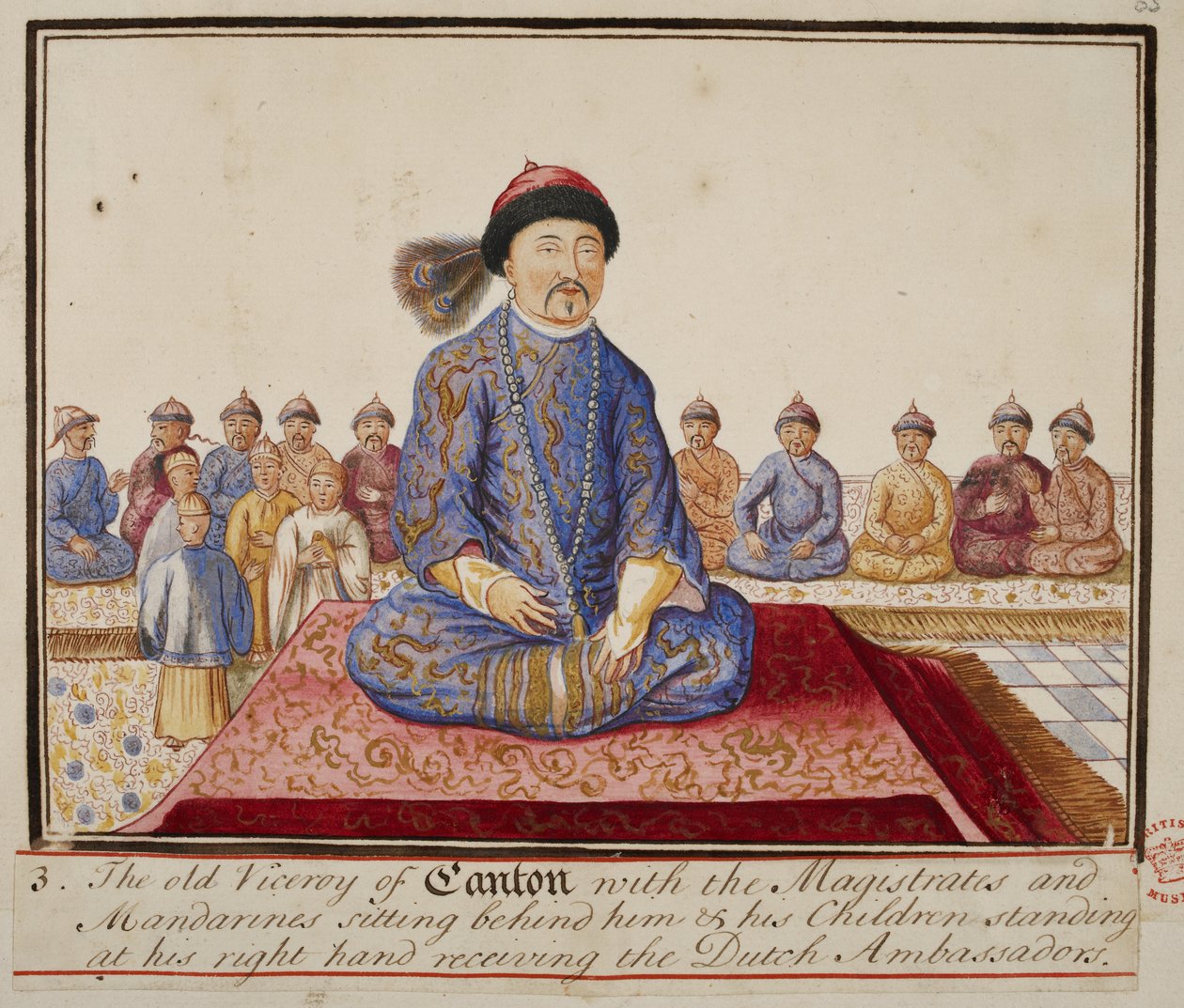 Tilføje. 5353, f.65 Kantonens vicekonge med dommere og mandariner, hans børn stående ved hans højre hånd og modtager de hollandske ambassadører, fra 