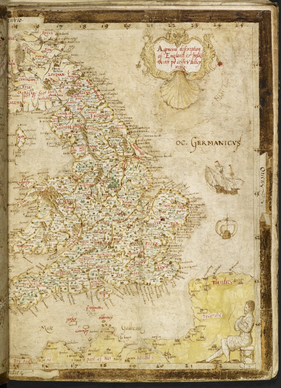 Tilføje. 62540, ff.3v-4, Kort over Storbritannien og Irland, fra 
