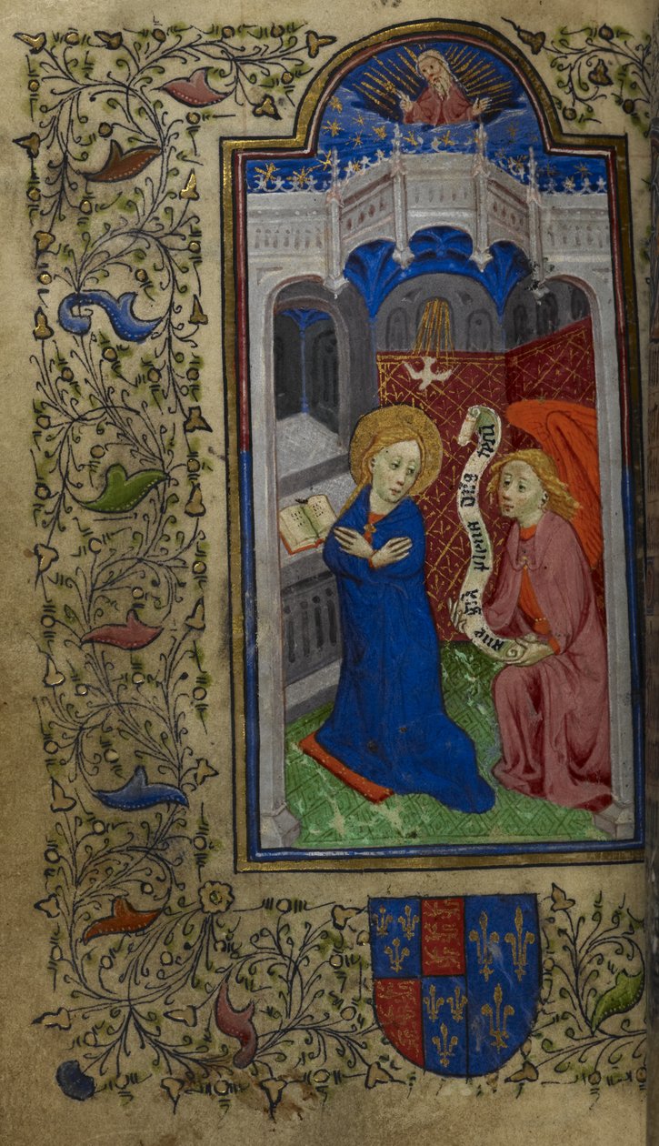 Tilføje. 65100, f.27v Bebudelsen, Catherine de Valois timer, c.1420-22 (vellum) af English School