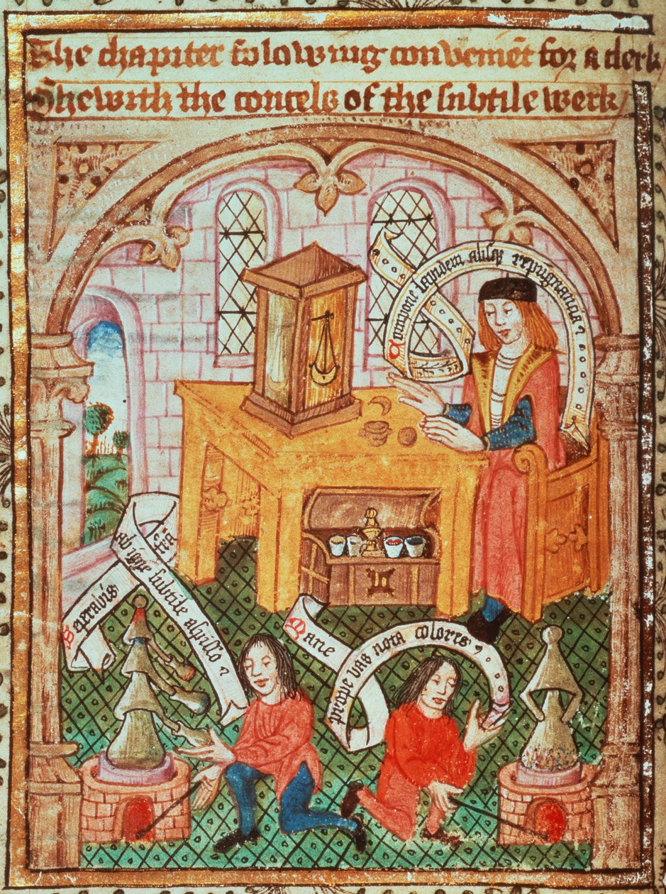 Tilføj MS 10302 f.37v Alchemy master forbereder ingredienser, fra 