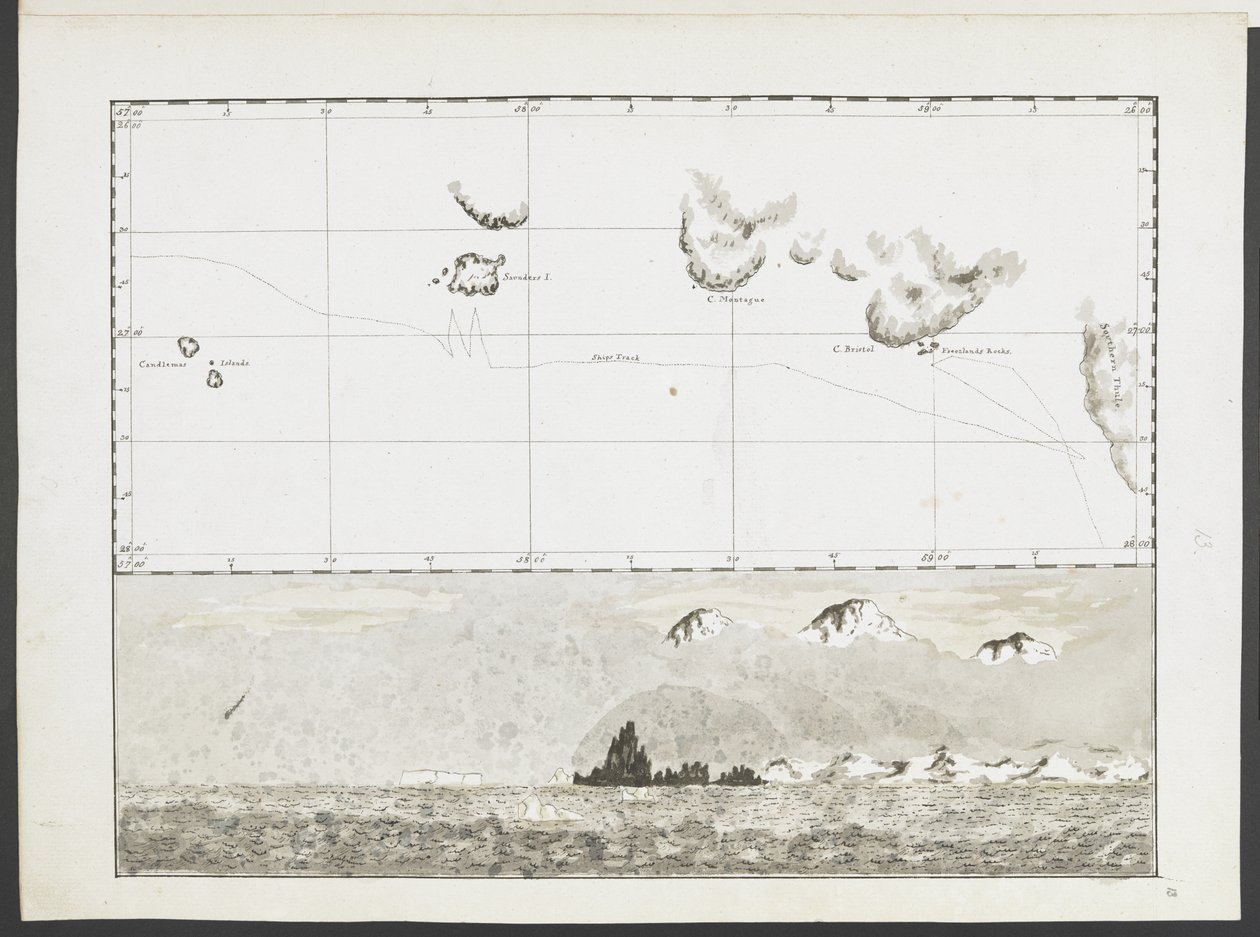 Tilføj MS 15500 f.13 Toogtyve søkort, udsigt over Næs osv., taget under kaptajn Cooks rejse i opløsningen gennem Stillehavet og det sydlige Ocean af English School