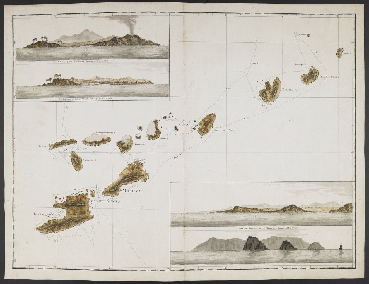 Tilføj MS 15500 f.17 Toogtyve søkort, udsigt over Næs osv., taget under kaptajn Cooks rejse i opløsningen gennem Stillehavet og det sydlige Ocean af English School