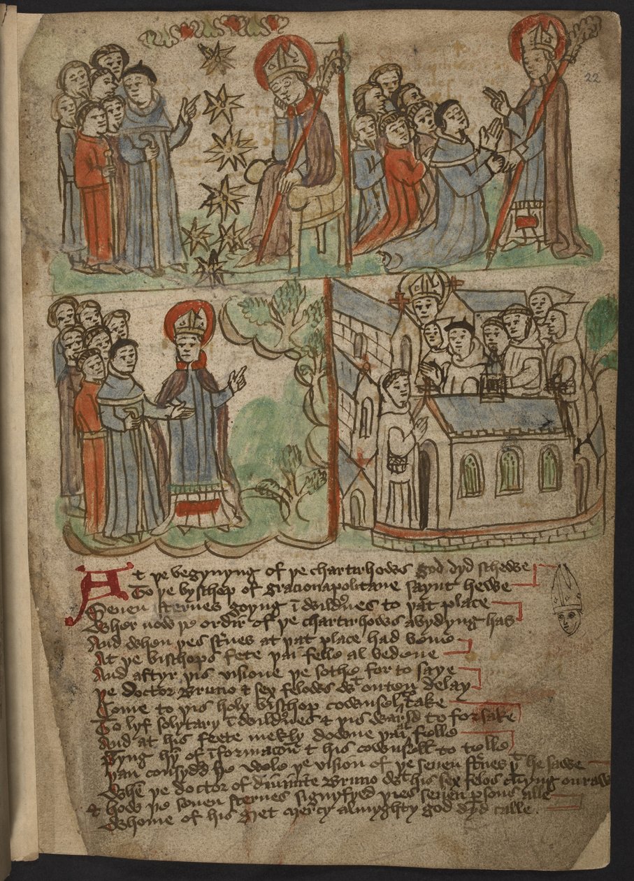 Tilføj MS 37049, f.22 The Carthusian Miscellany (religiøs prosa og vers) på nordengelsk, inklusive et indbegreb (resumé) af Mandevilles rejser (blæk og farve på papir) af English School