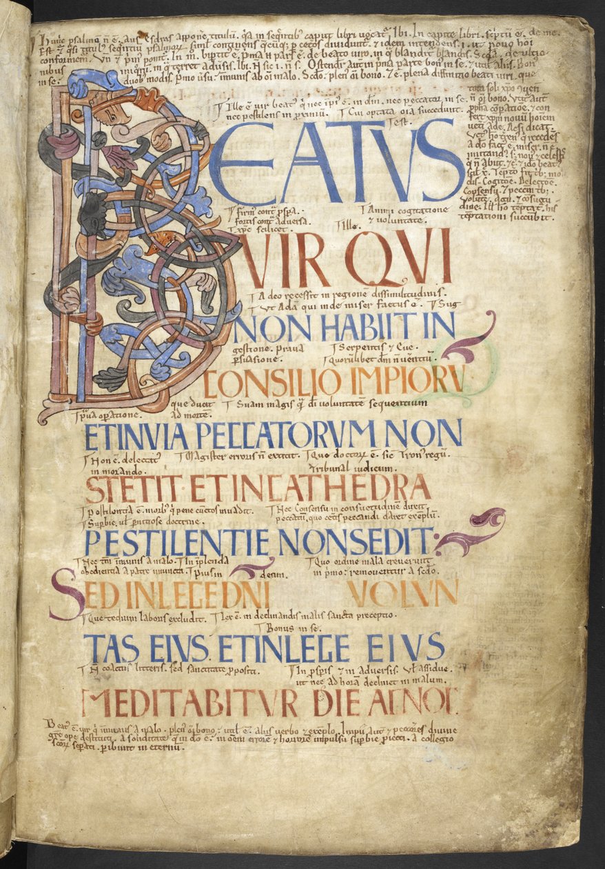 Tilføj MS 37517, f. 4r, The Beatus-initial (Beatus vir), som begynder salmernes bog fra 